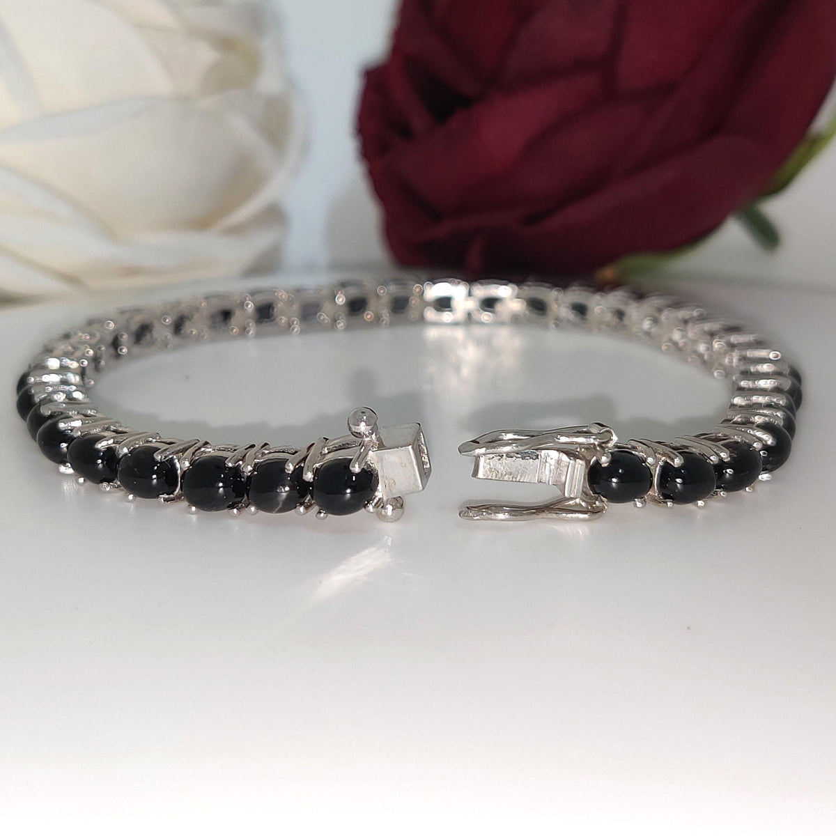 Black Star Tennis Bracelet: Oval Gemstone, 925 Sterling Silver