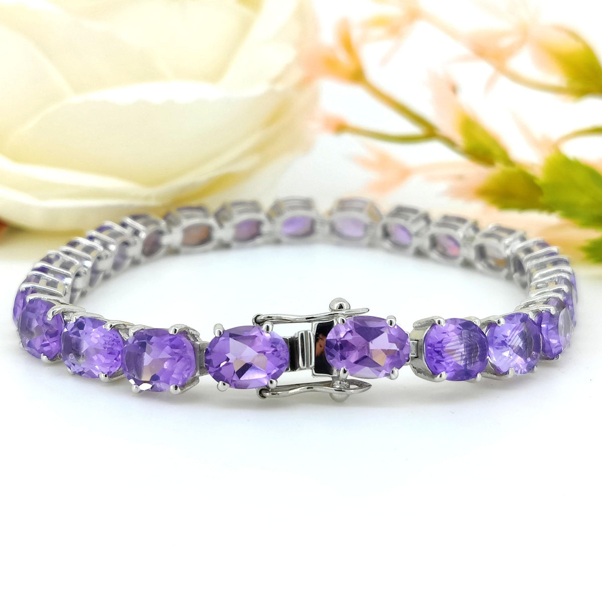 Natural Amethyst Tennis Bracelet-8x6mm Oval Bracelet-925 Sterling Silver-February Birthstone Jewelry-Purple Amethyst Jewelry-Gift for Her