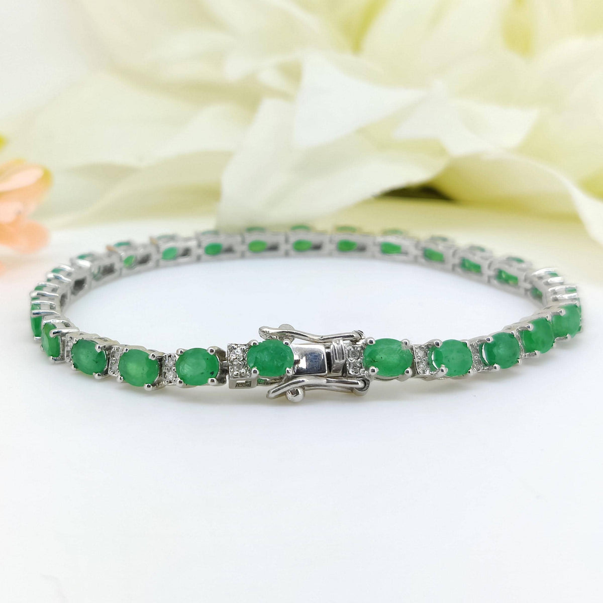 Natural Emerald Tennis Bracelet-925 Sterling Silver-Oval Gemstone-May Birthstone Bracelet
