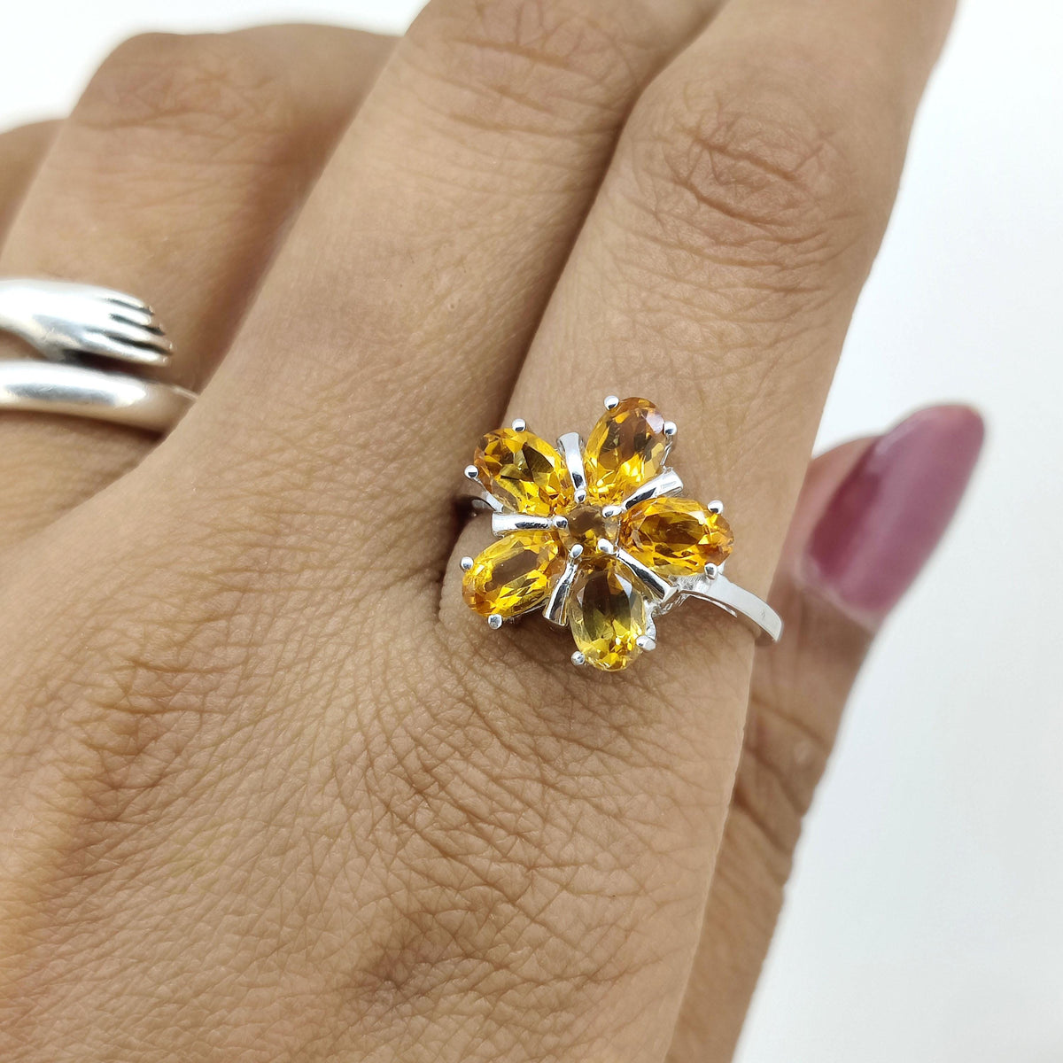 Natural Citrine Flower Ring-925 Sterling Silver Jewelry-November Birthstone-Yellow Citrine Jewelry
