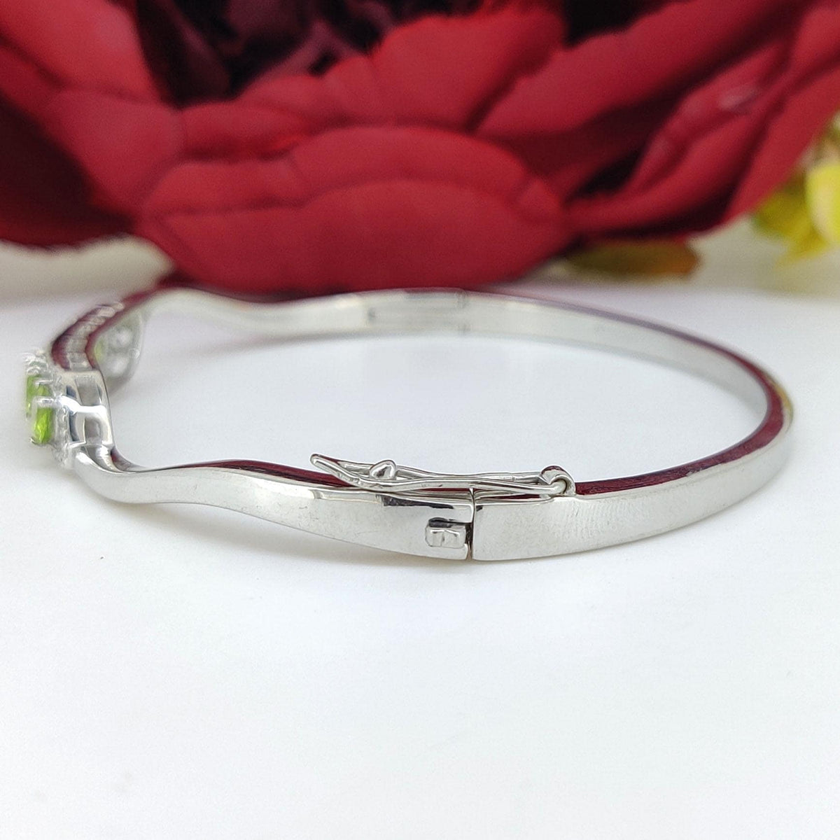 Dainty Peridot & CZ Bangle, 925 Sterling Silver, Unique Bridesmaid Jewelry