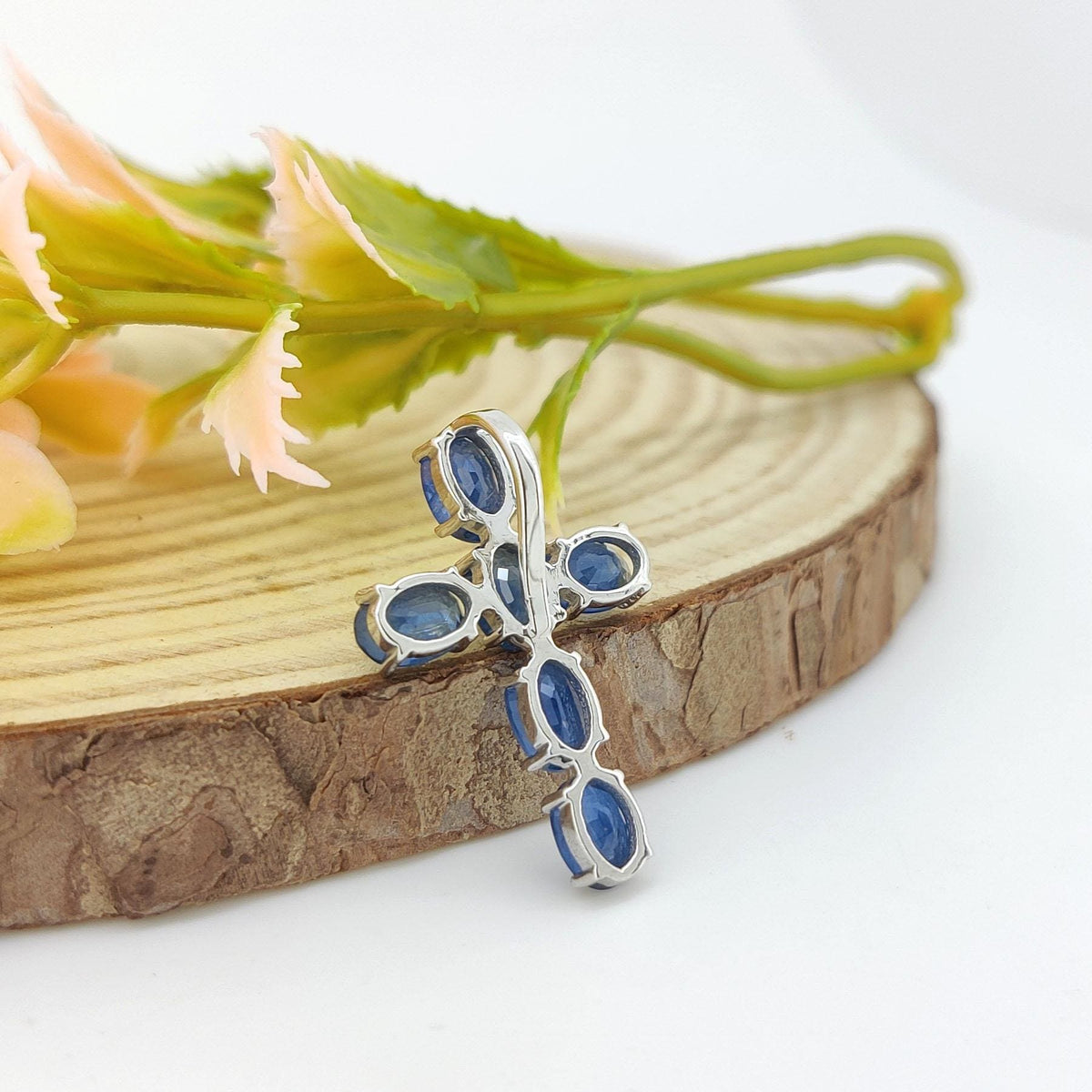Sapphire Cross Necklace, Sterling Silver Gemstone Pendant