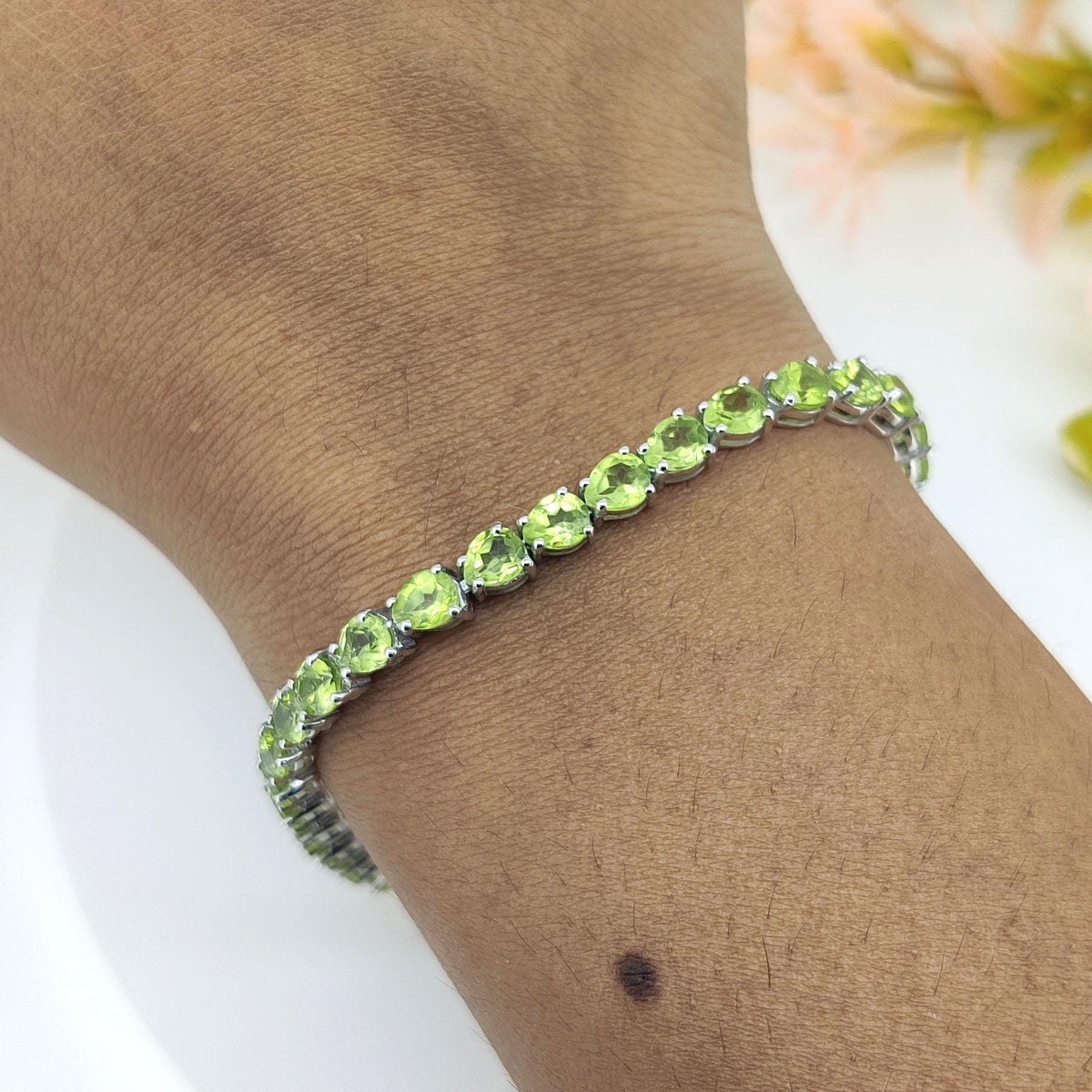 Natural Peridot Tennis Bracelet-925 Sterling Silver Bracelet-Pear Gemstone-August Birthstone Jewelry-Green Peridot Jewelry-Gift for her