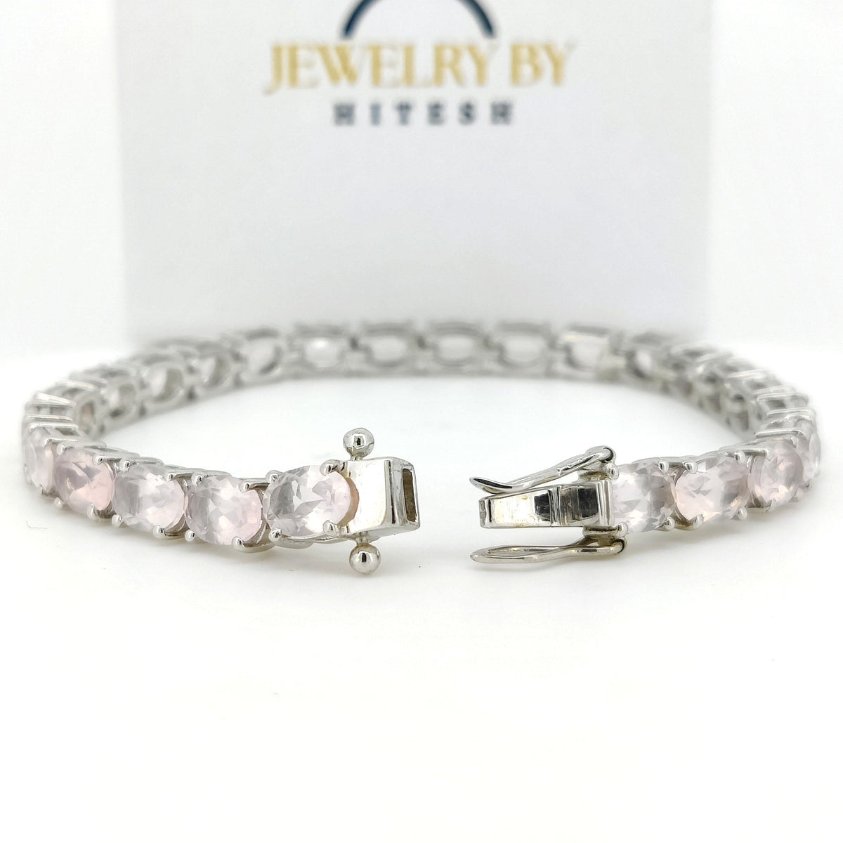 Rose Quartz Bracelet: Oval Gemstone, 925 Sterling Silver Tennis Bracelet