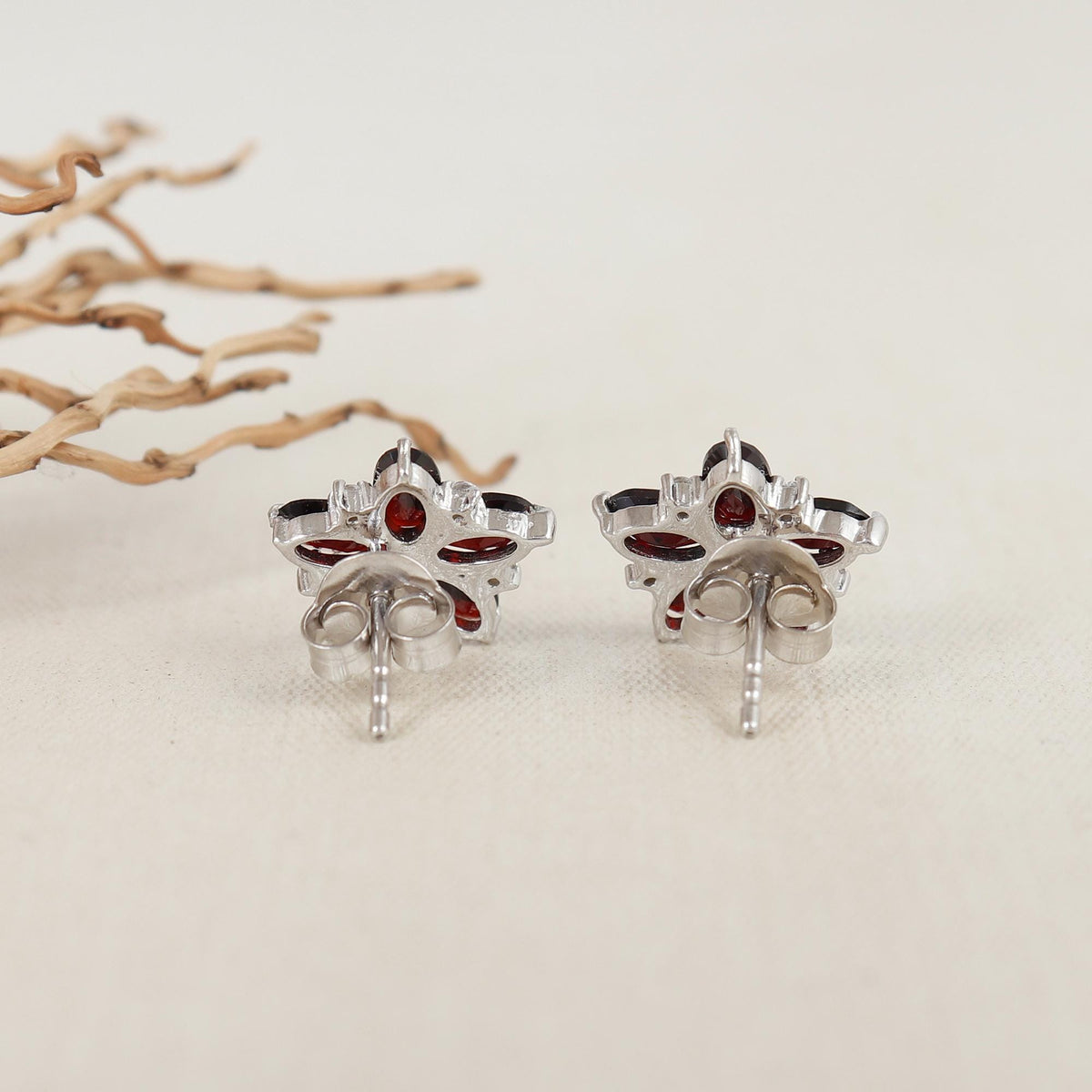 Garnet Flower Stud Earrings: 925 Sterling Silver, January Birthstone