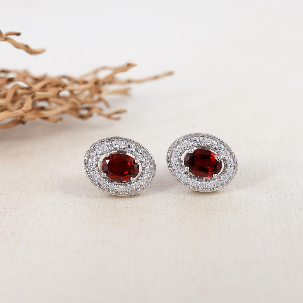 Oval Garnet Sterling Silver Earrings: CZ Diamond Halo, Gift for Her