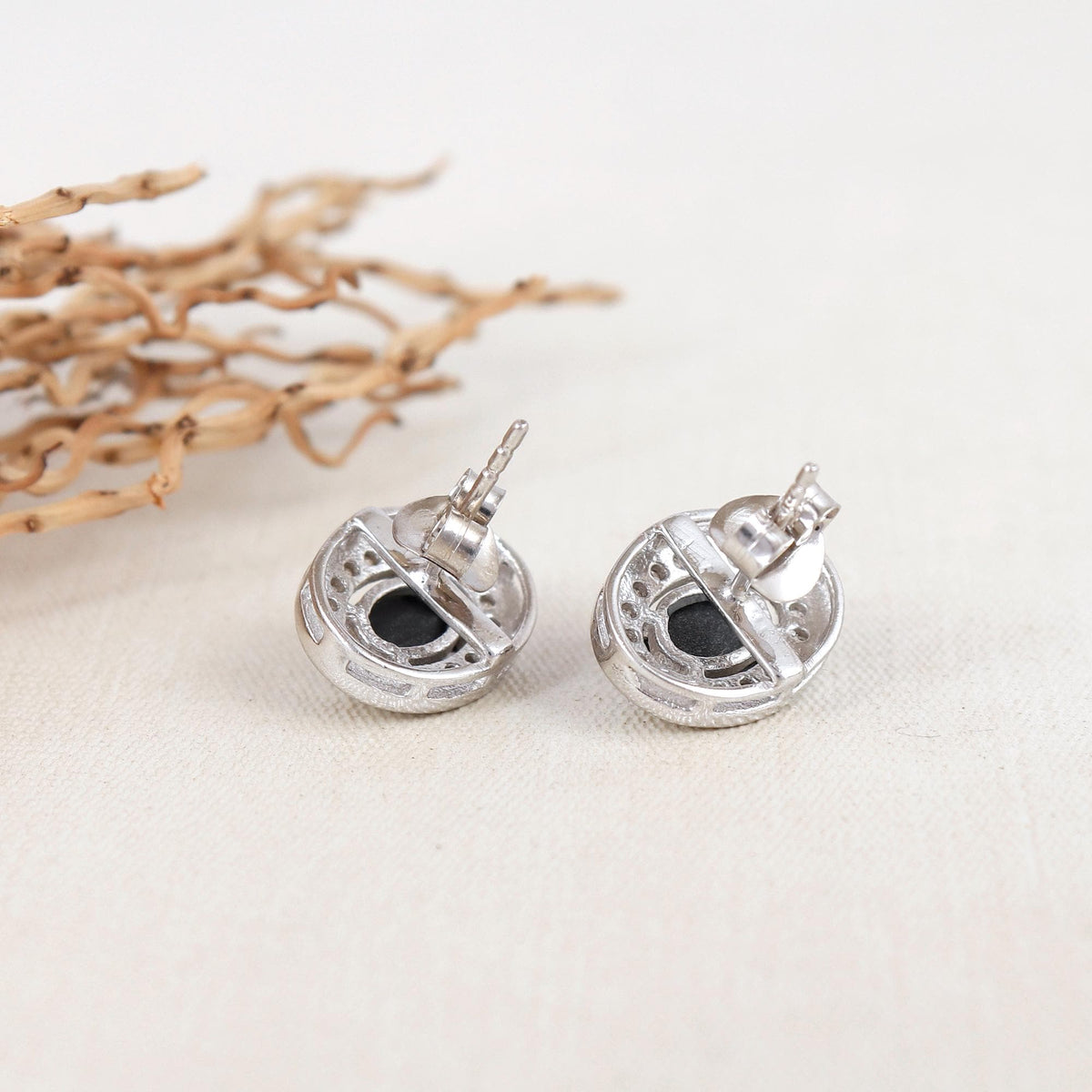 Black Star Silver Earrings: Oval Gemstone, CZ Halo, Sterling Silver