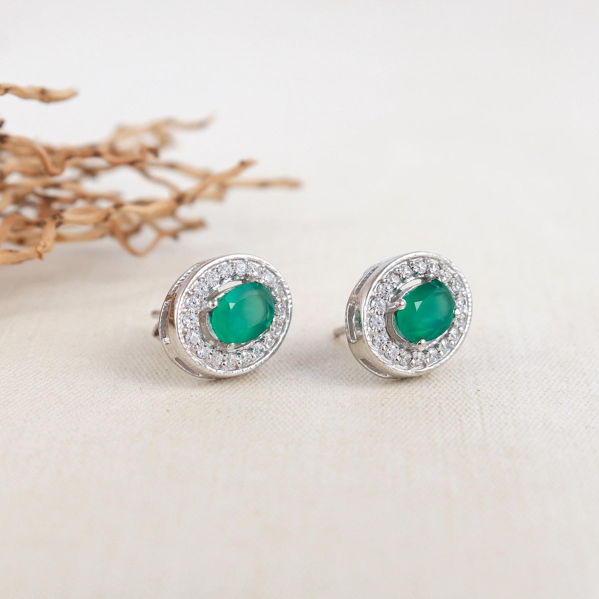 Green Onyx Sterling Silver Earrings: CZ Diamond Halo, Oval Studs