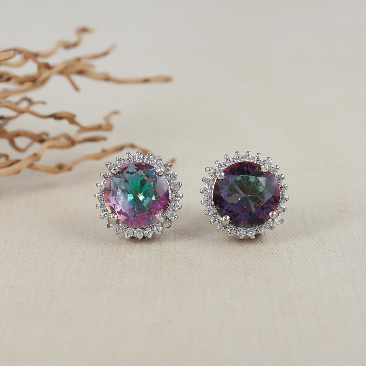 Mystic Quartz Stud Earrings: 925 Sterling Silver, April Birthstone