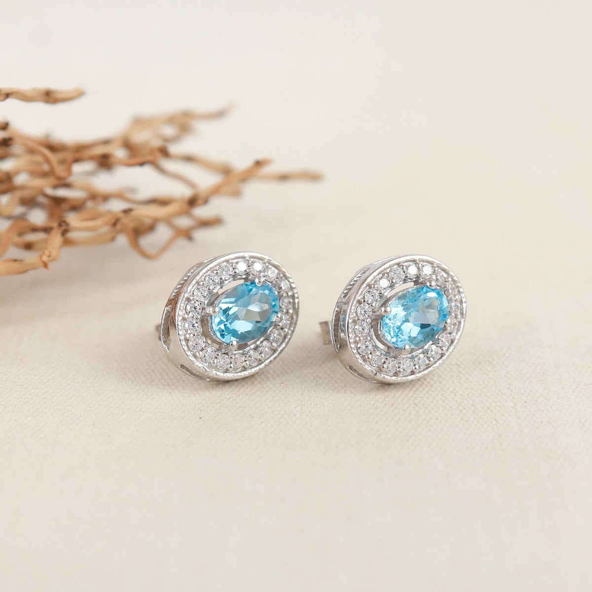 Oval Swiss Blue Topaz Sterling Silver Earrings, CZ Diamond Halo