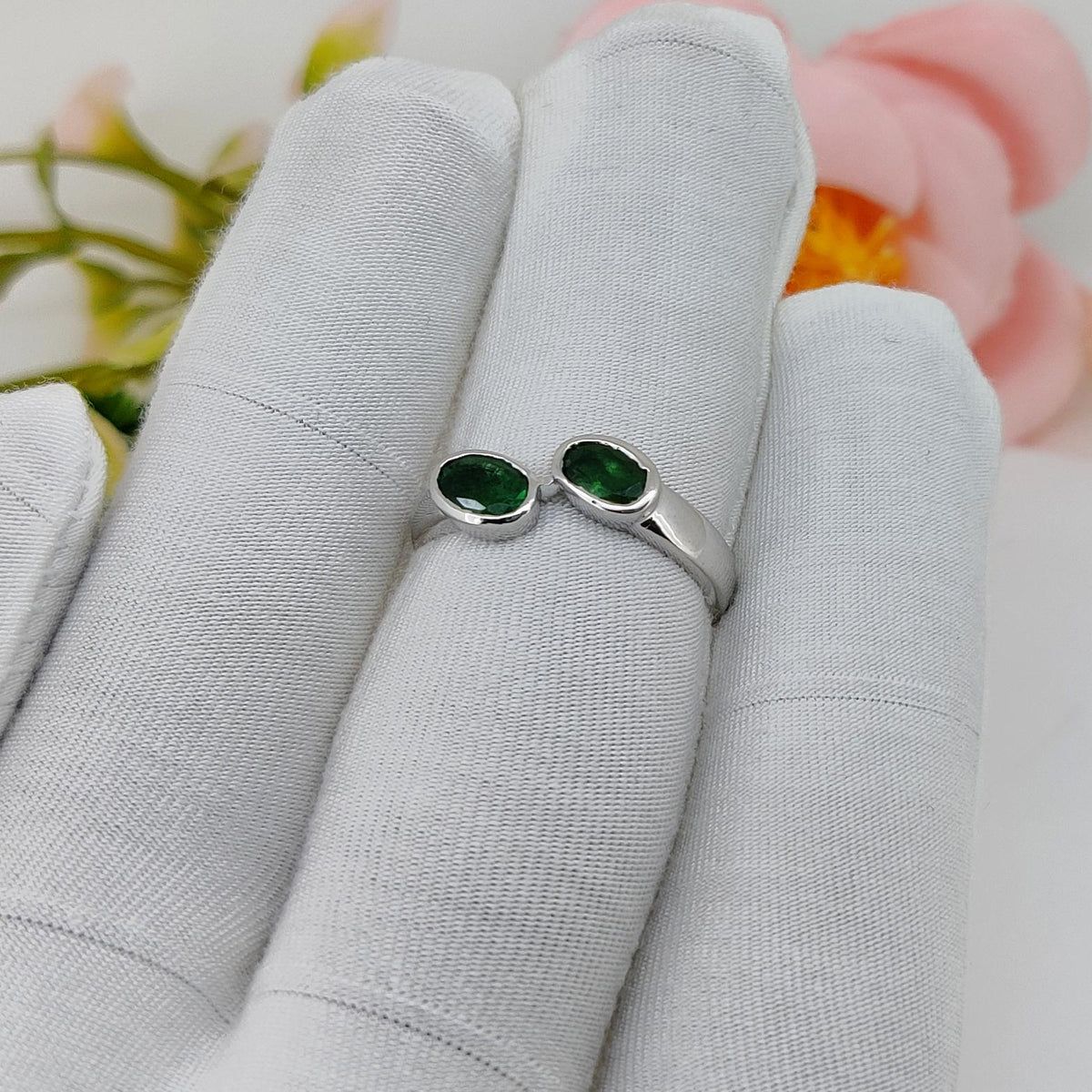 Artisan Silver Emerald Ring, Two Oval Natural Handmade Ring, Anniversary Gifts Jewelry
