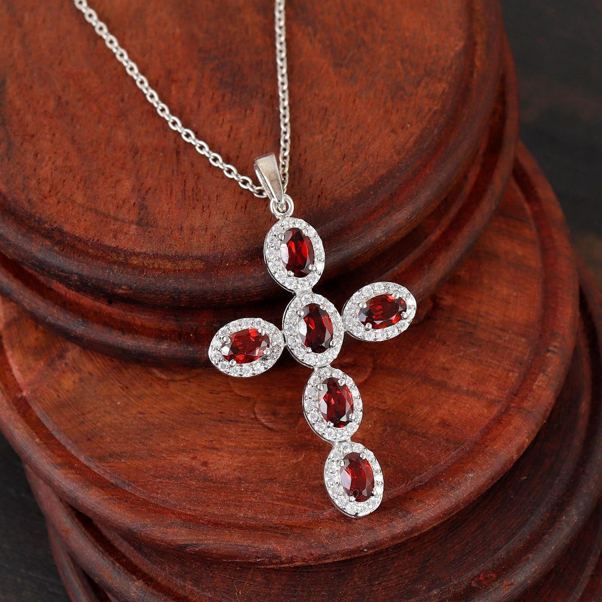 Garnet Cross Pendant Necklace Handmade Sterling Silver Holy Jewelry