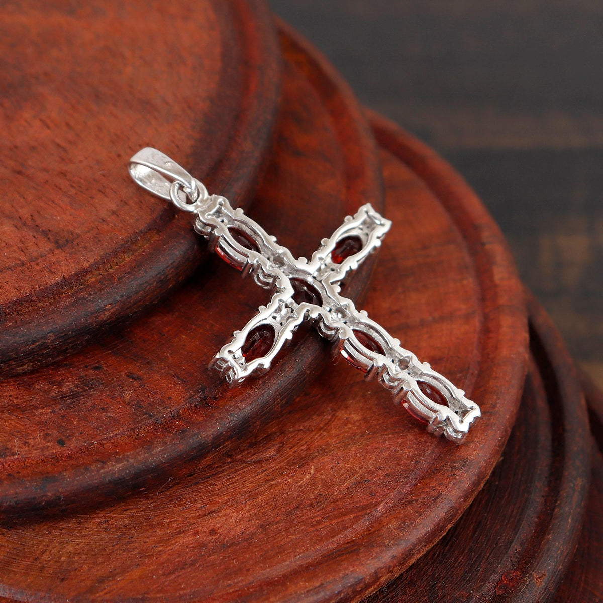 Dainty Garnet Silver Cross Necklace Handmade Red Gemstone Holy Jewelry