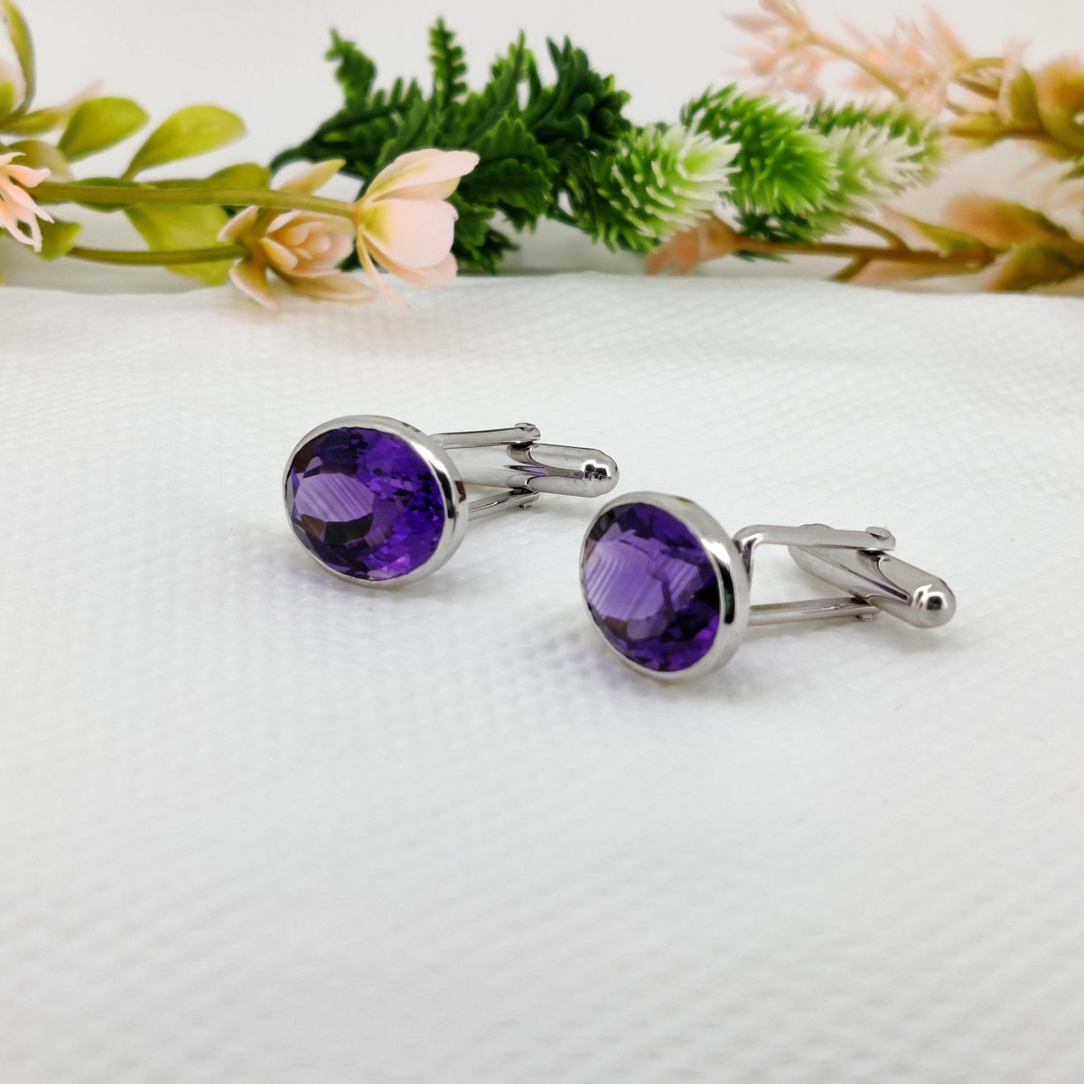 Natural Amethyst Silver Cuff Links for Men Unique Handmade 12x16 mm Purple Oval Stone
