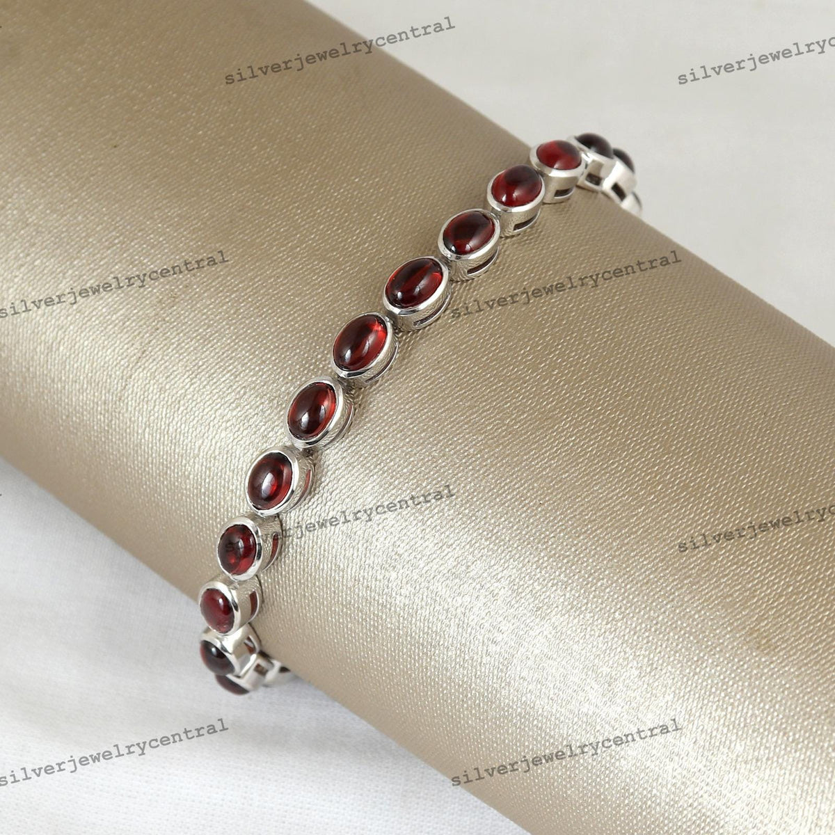 Natural Garnet Cabochon Bracelet, 925 Sterling Silver Tennis Bracelet