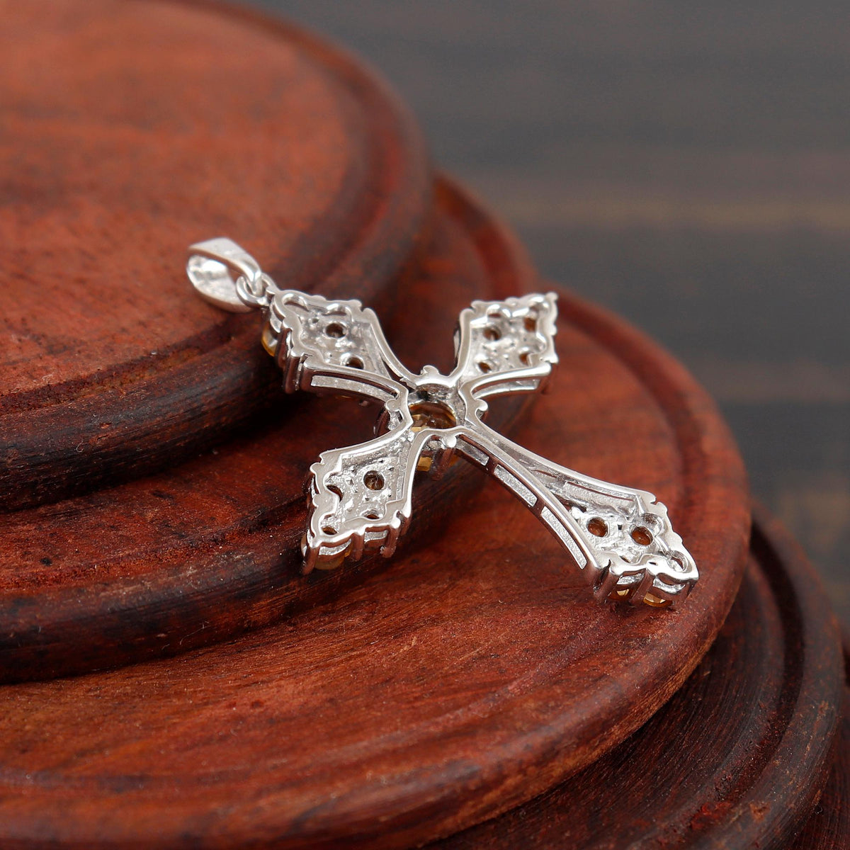 Citrine Cross Pendant Necklace Sterling Silver Holy Gemstone Jewelry