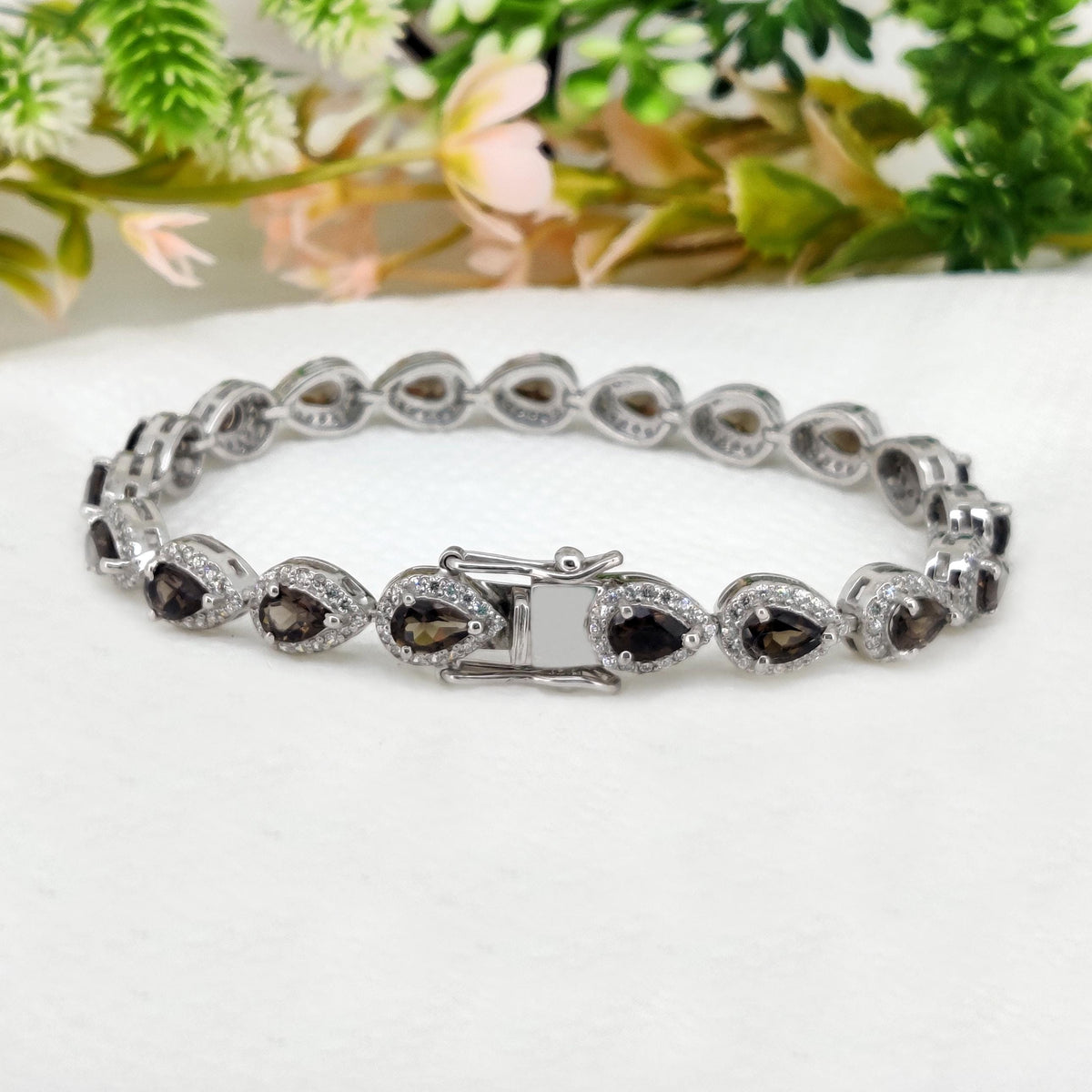 Smoky Quartz Tennis Bracelet: Pear Cut, 925 Sterling Silver