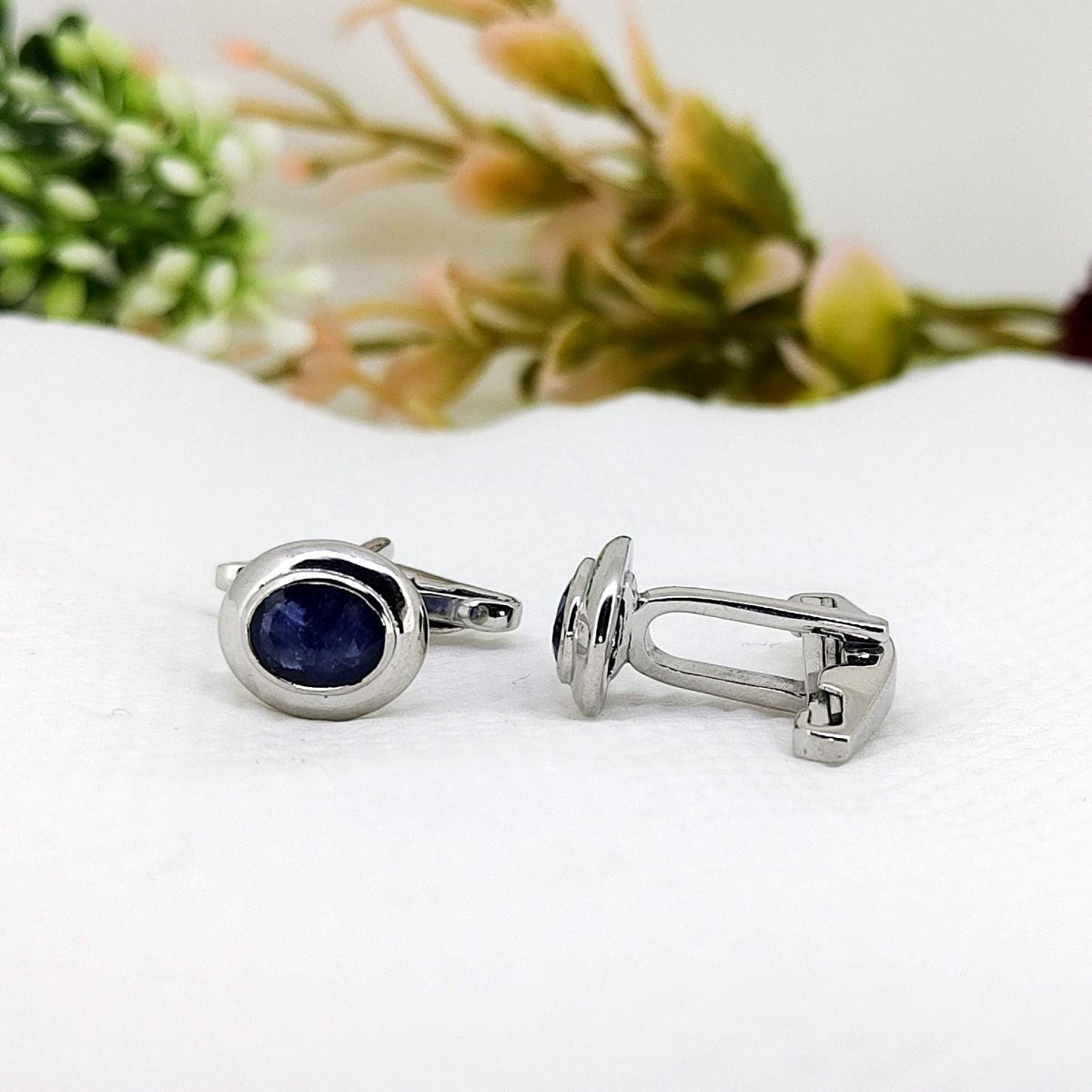 Blue Sapphire Cufflinks, Sterling Silver, Oval Gemstone, September Birthstone