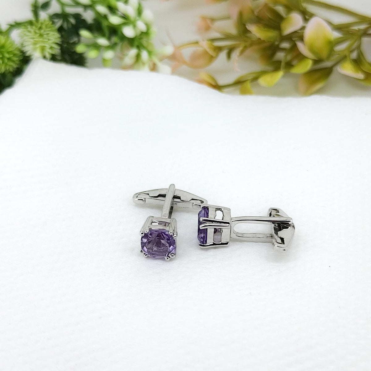 Purple Amethyst Sterling Silver Cufflinks, Cushion Cut Gemstone, February Birthstone, Groom Gift