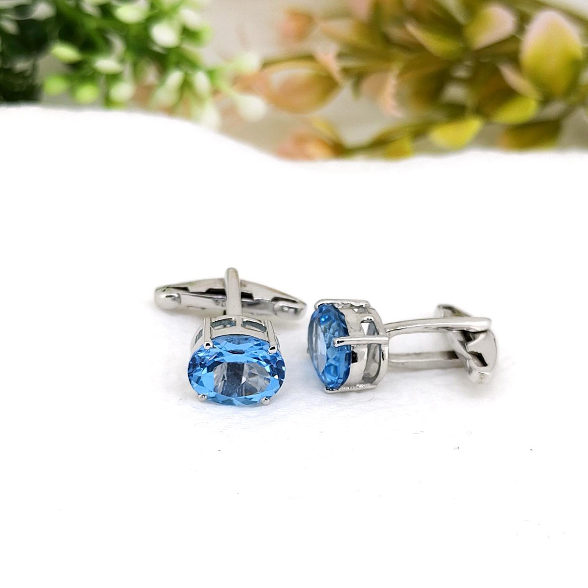 Handmade Swiss Blue Topaz Cufflinks, Sterling Silver Oval Gemstone