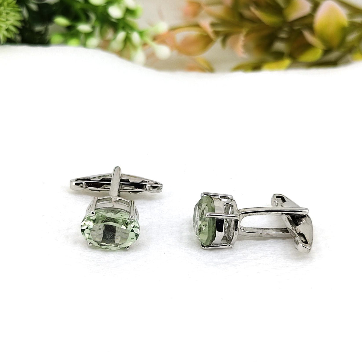 Green Amethyst Cufflinks Sterling Silver Oval Gemstone February Birthstone Gift for Him