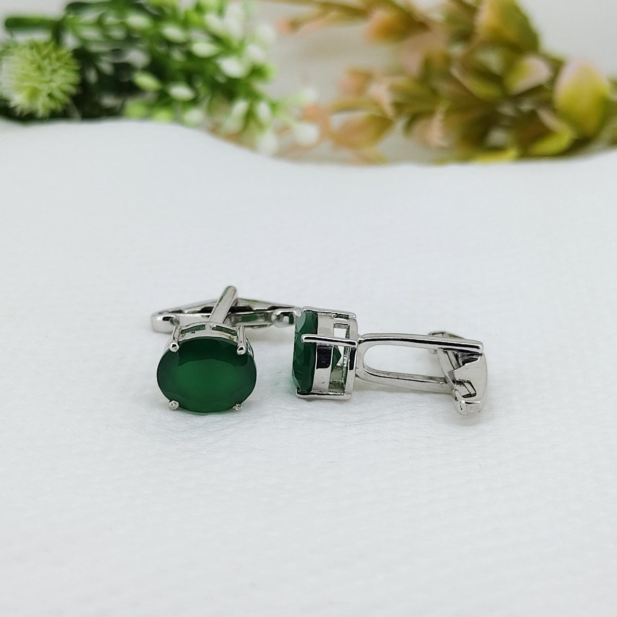 Green Onyx Cufflinks Sterling Silver, May Birthstone Gift for Him, Handmade Oval Men's