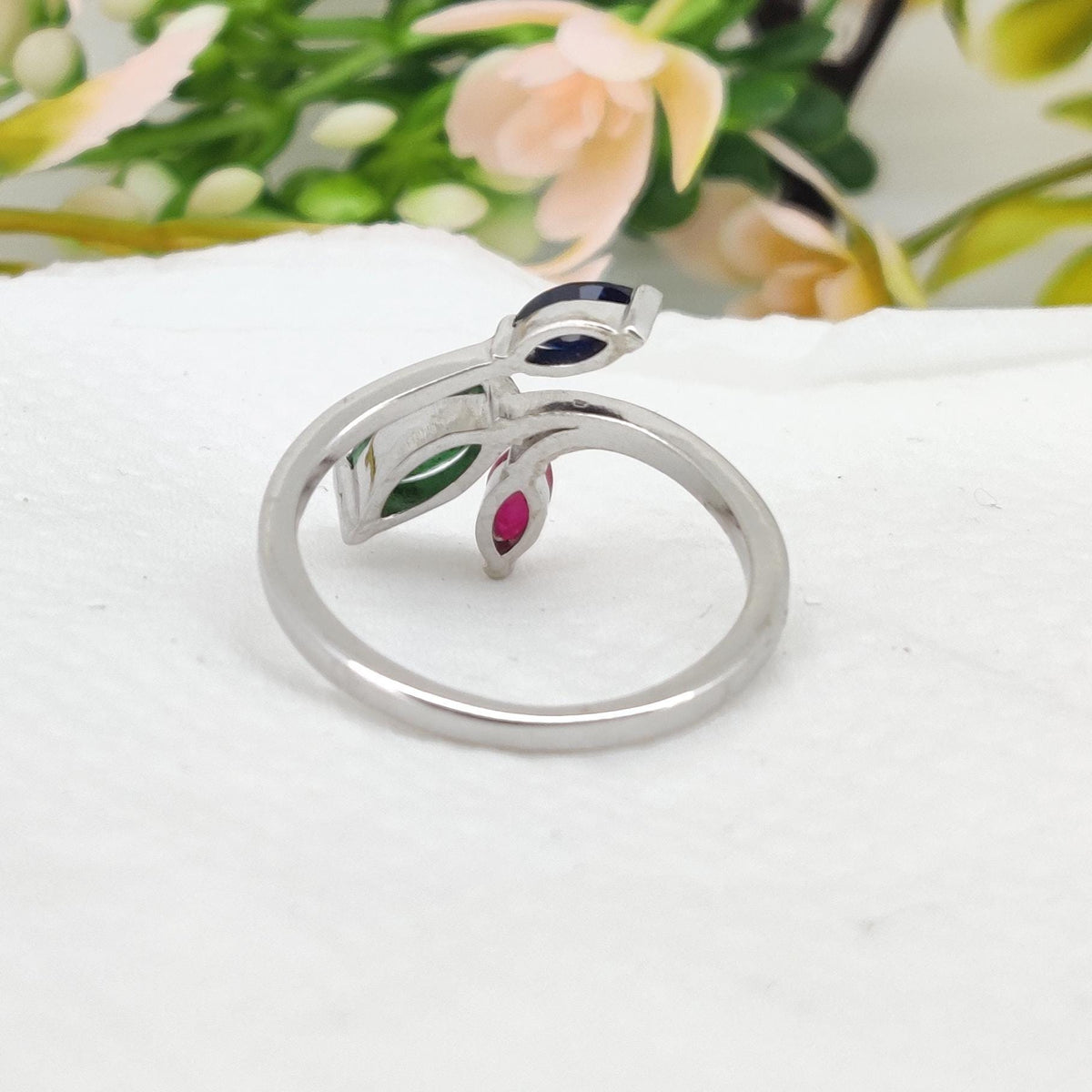 Sterling Silver Marquise Gemstone Ring, Ruby Emerald Sapphire Three Stone Open Ring