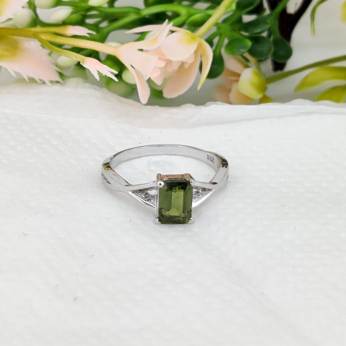 Green Sapphire Ring, Octagon Cut, Sterling Silver Promise Ring