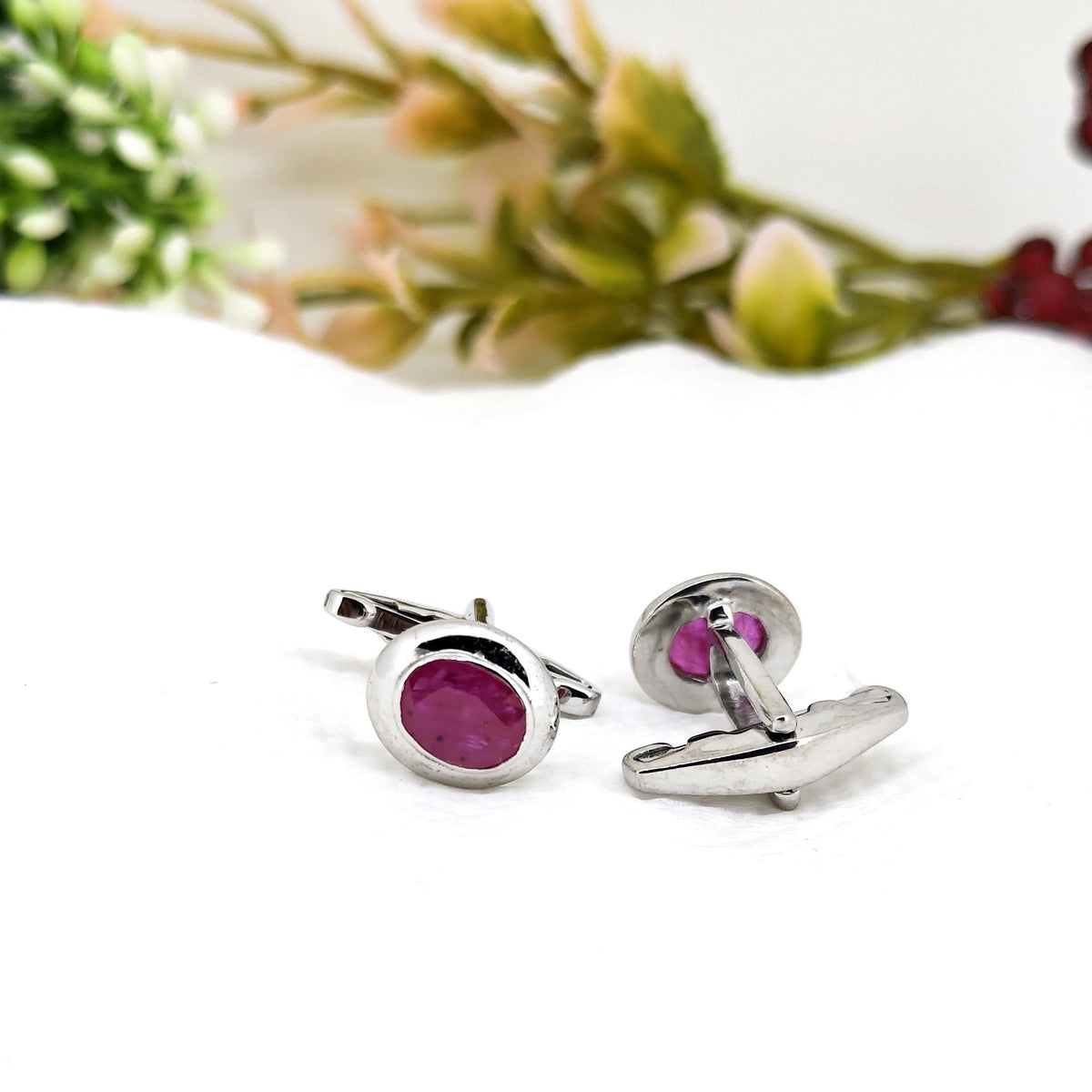 Handmade Oval Ruby Cufflinks, Sterling Silver Gemstone, July Birthstone