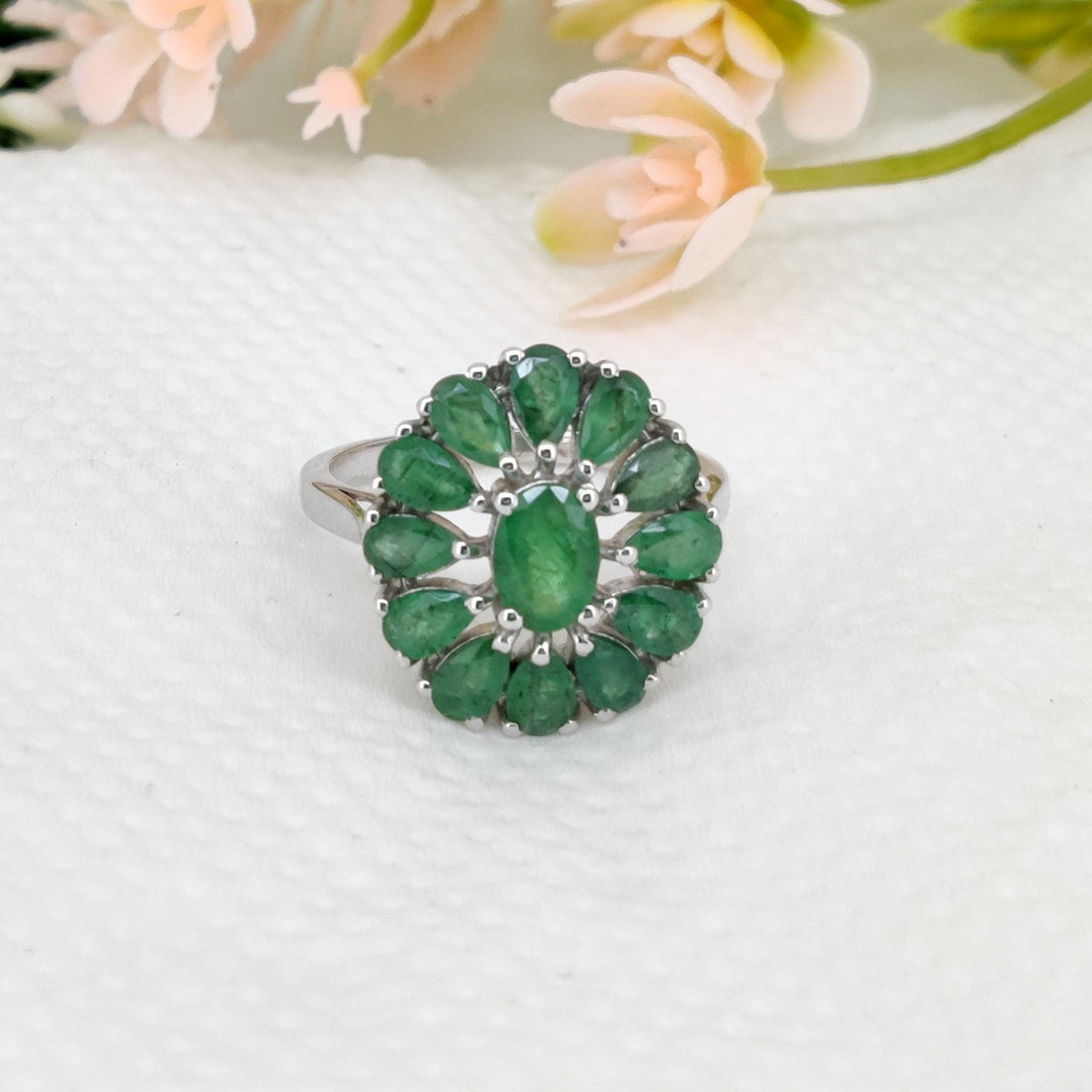 Natural Emerald Ring, 925 Sterling Silver, Handmade Green Oval Gemstone, Flower Emerald Jewelry Gifts