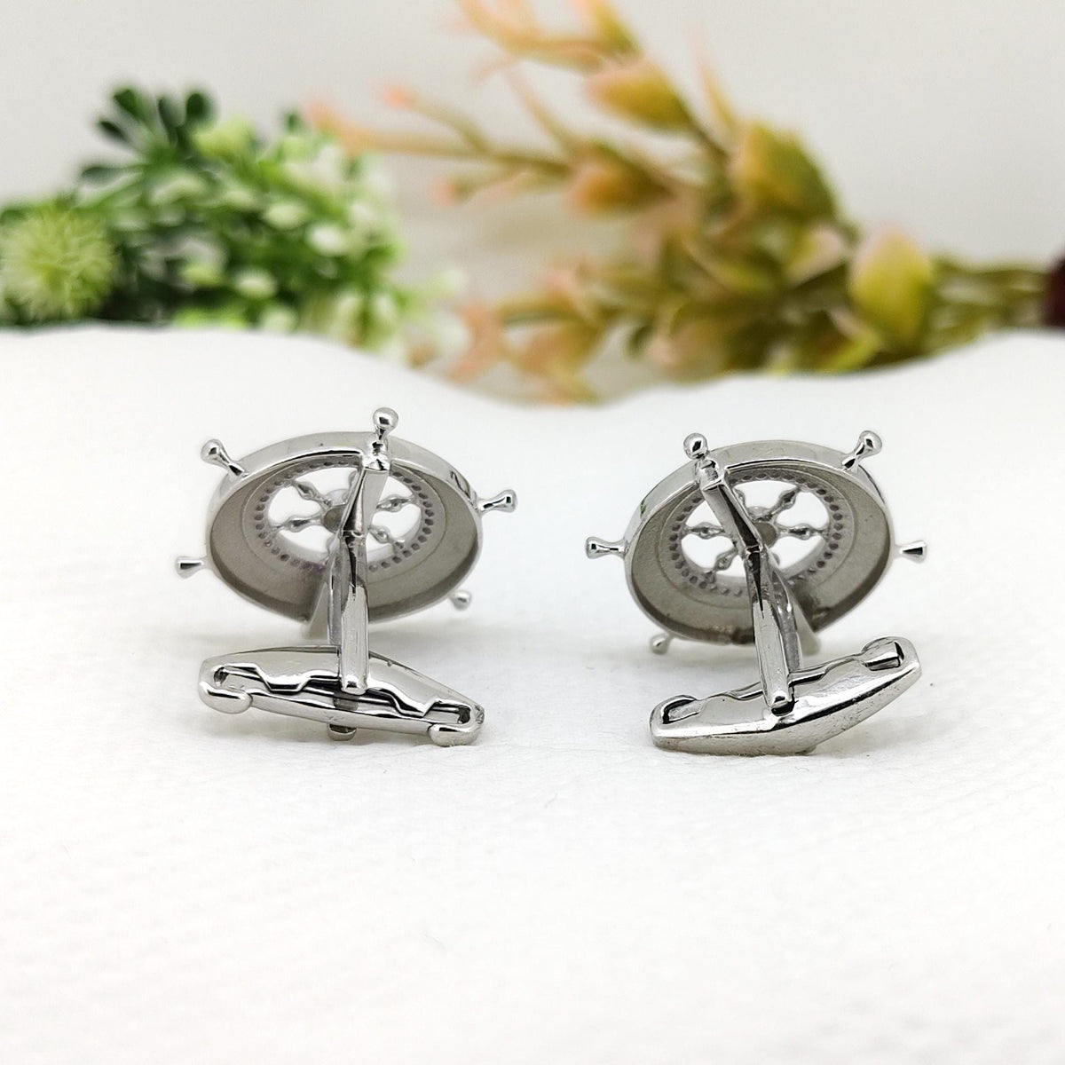 Handmade Sterling Silver Amethyst Cufflinks Nautical Ship Wheel February Birthstone
