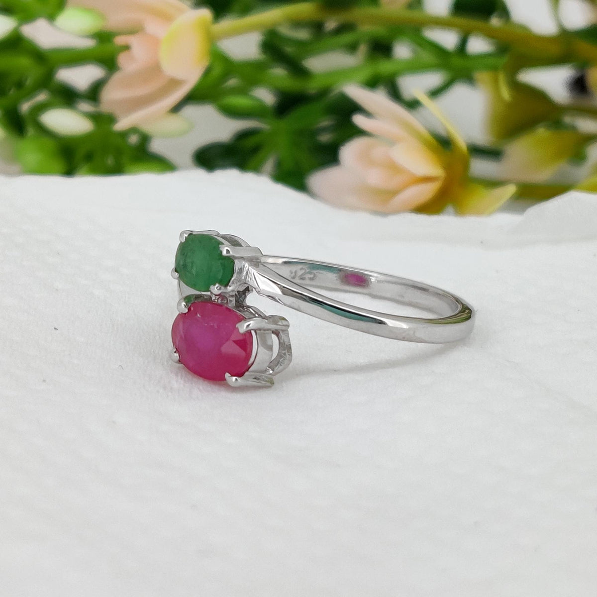 Oval Ruby Emerald Sterling Silver Two Stone Ring, July May Birthstone Jewelry