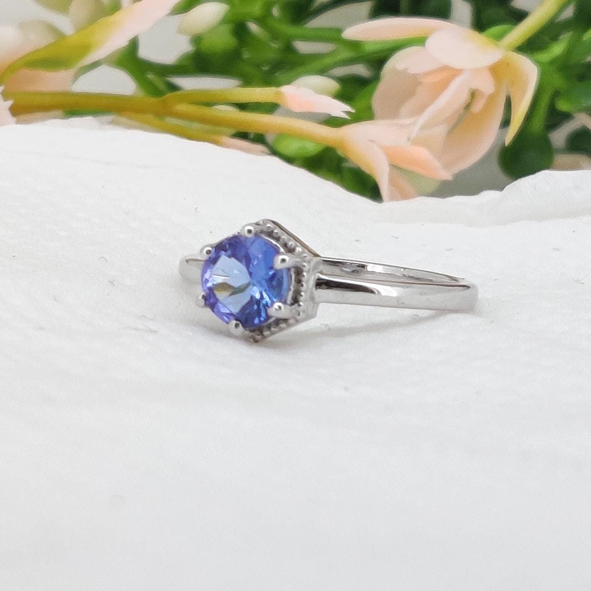 Round Cut Tanzanite Sterling Silver Solitaire Ring, Natural Blue December Birthstone