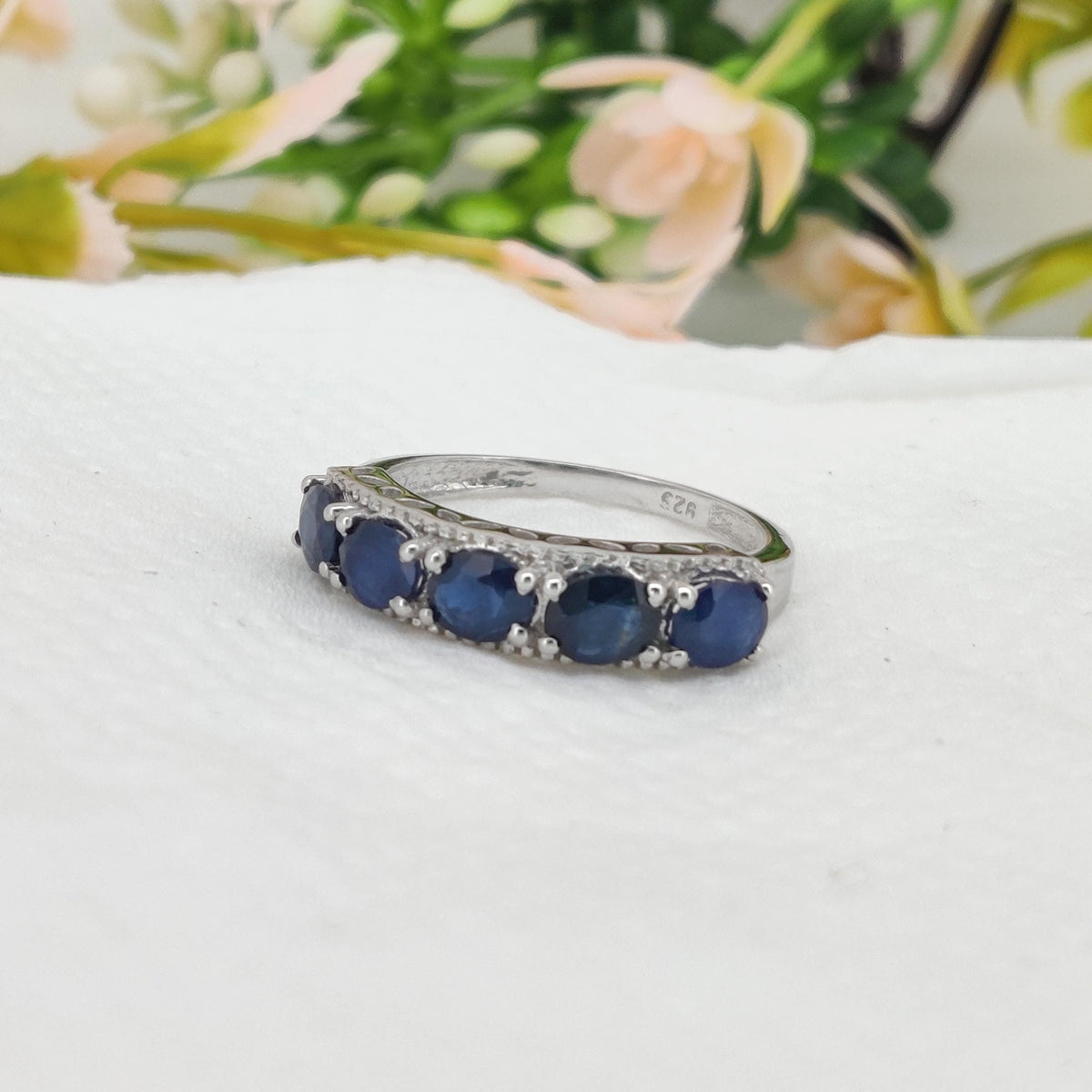 Blue Sapphire Sterling Silver Band Ring, Oval Sapphire Half Eternity, Handmade Jewelry