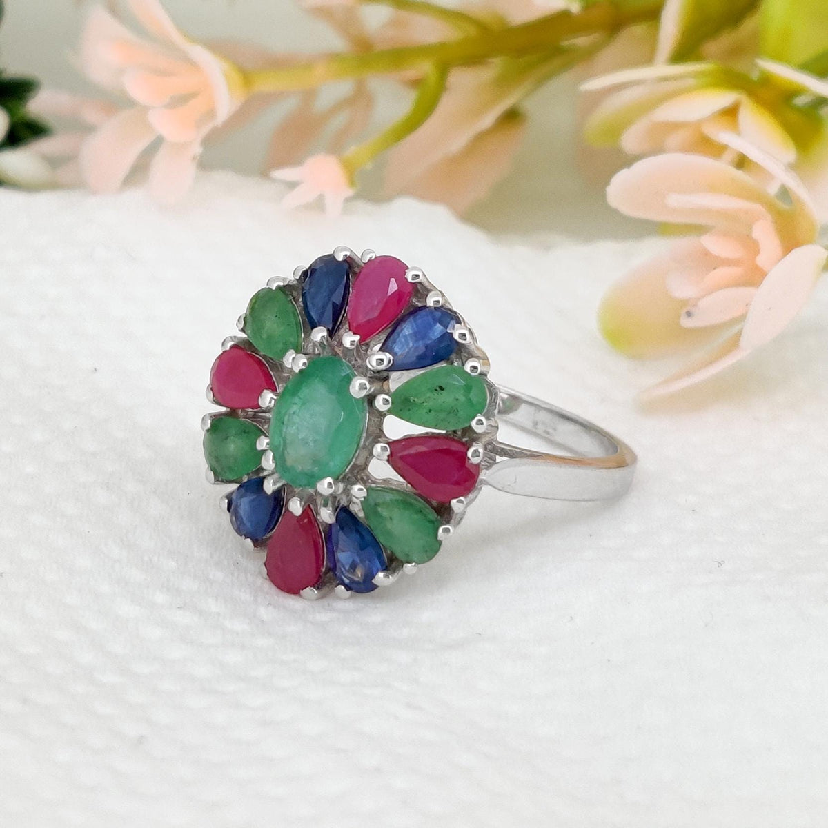 Natural Ruby Emerald Sapphire Ring, 925 Sterling Silver, Multi Stone Jewelry, Handmade Gemstone Birthday