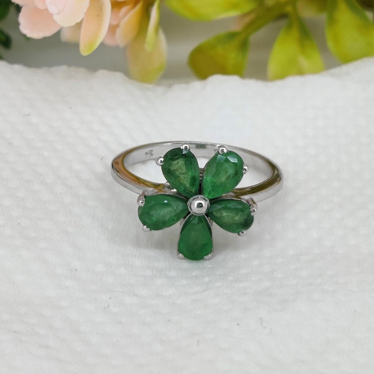 Emerald Gemstone Ring, 925 Sterling Silver, May Birthstone, Handmade Flower Jewelry