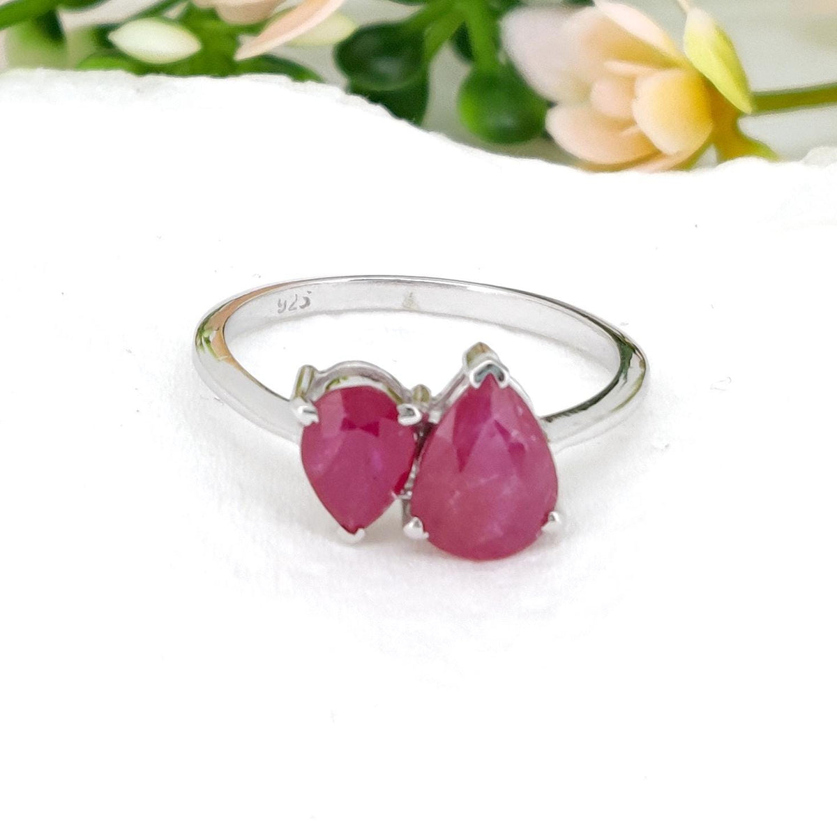 Pear Cut Ruby Ring, Sterling Silver, Double Gemstone, July Birthstone