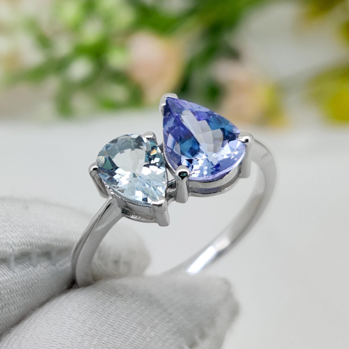 Tanzanite & Aquamarine Ring, 925 Sterling Silver, Multi Stone Band Jewelry, Birthstone Gift