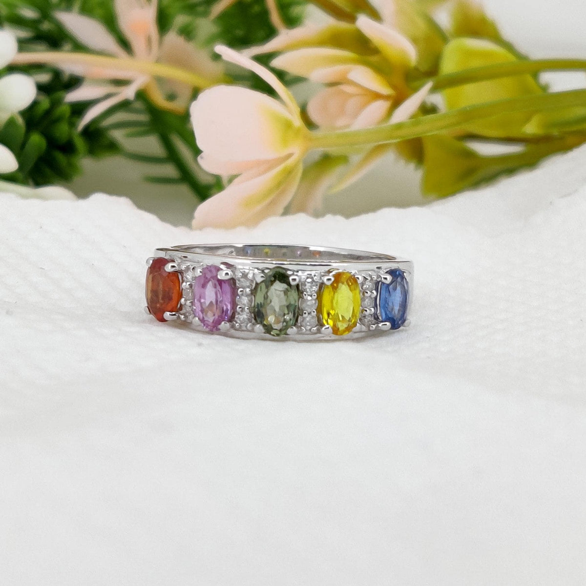 Multi Sapphire Ring, 925 Sterling Silver, Oval Gemstone Stacking Band, Sapphire Jewelry, September Birthstone