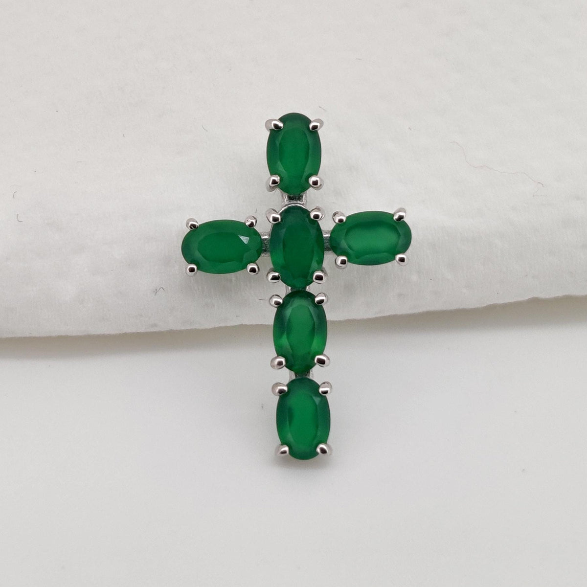 Sterling Silver Cross Necklace, Oval Emerald Gemstone Charm Handmade Jewelry Pendant