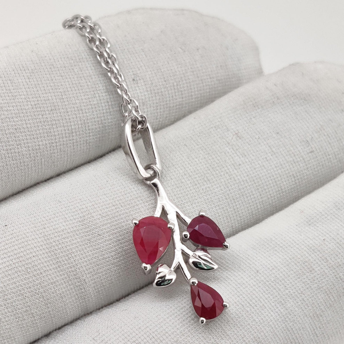 Ruby Sterling Silver Leaf Pendant Necklace, Pear Cut Ruby Gemstone, Nature Inspired Jewelry