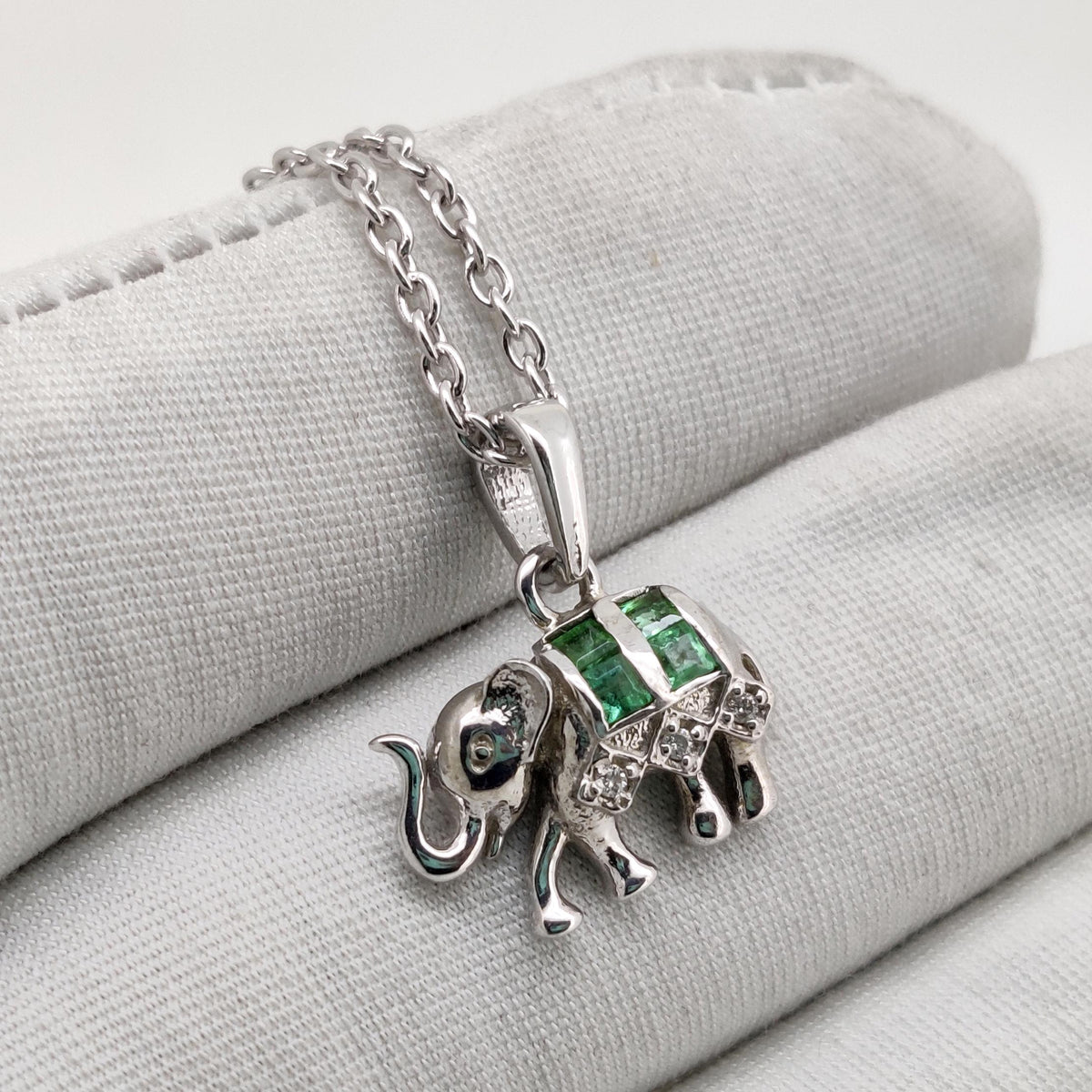 Emerald Elephant Pendant, Handmade Sterling Silver, Green Emerald Jewelry, May Birthstone, Anniversary Gift