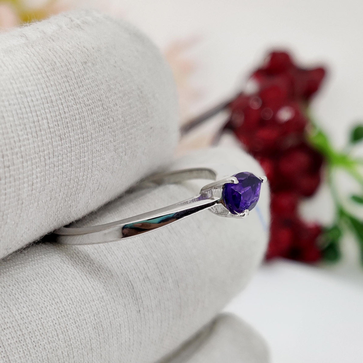 African Amethyst Sterling Silver Ring: Pear Gemstone Stacking Band, Gifts For Her
