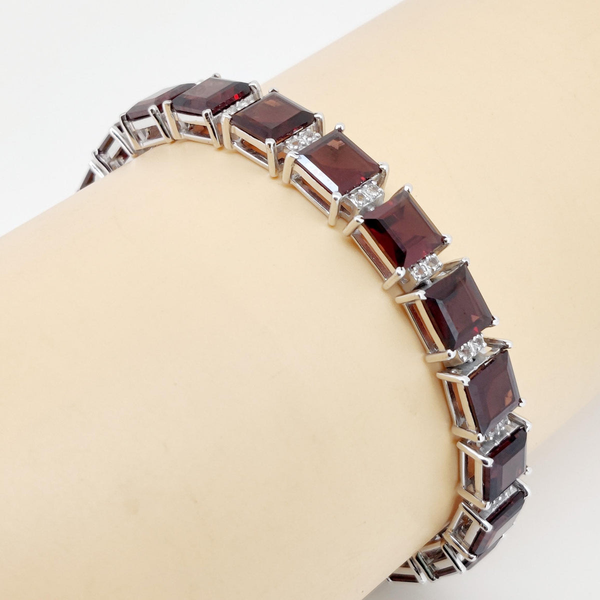 Natural Garnet Tennis Bracelet, Sterling Silver, January Birthstone, Square Cut Red Gemstone