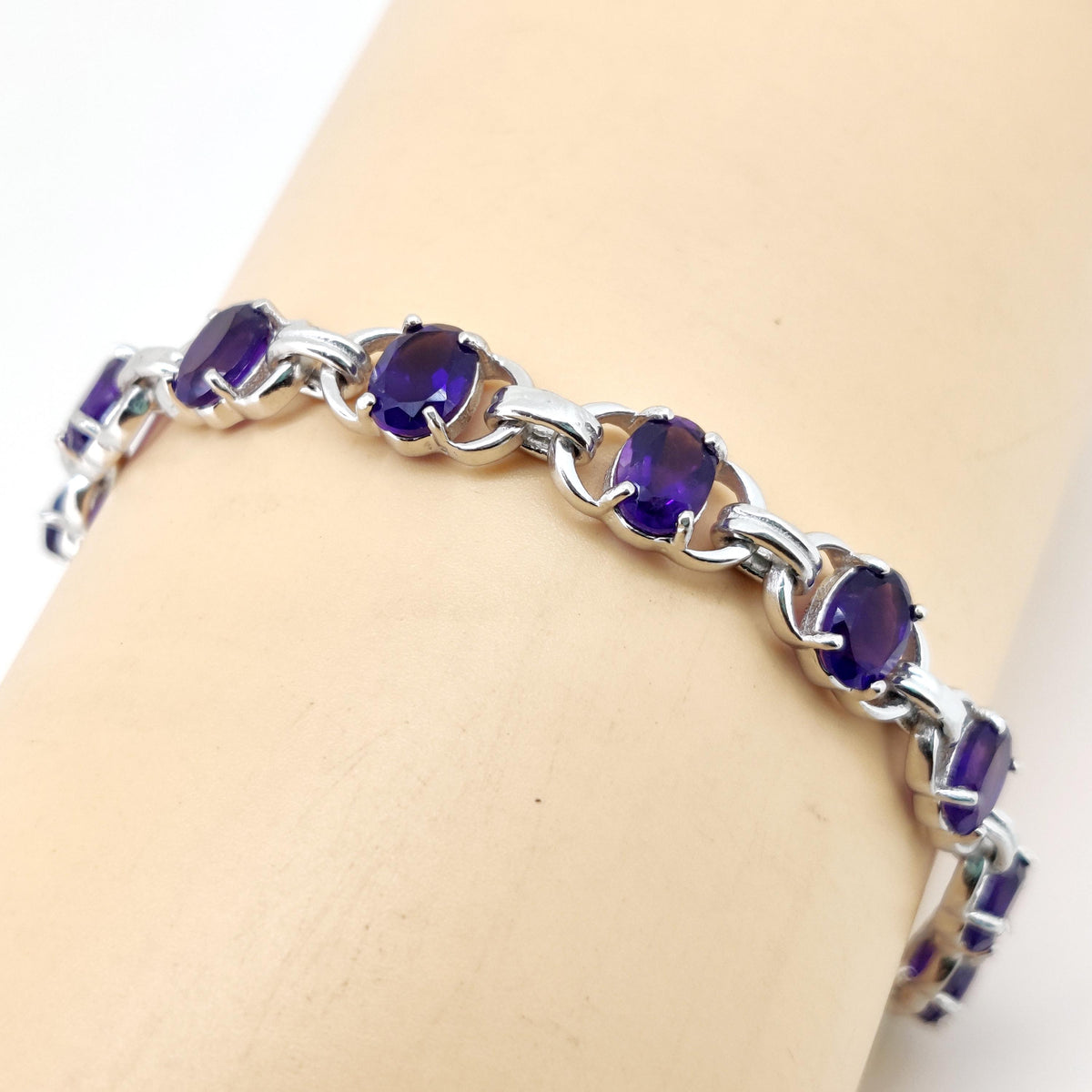 Natural Amethyst Tennis Bracelet, 7x5 mm Oval Gemstone, Sterling Silver, February Birthstone