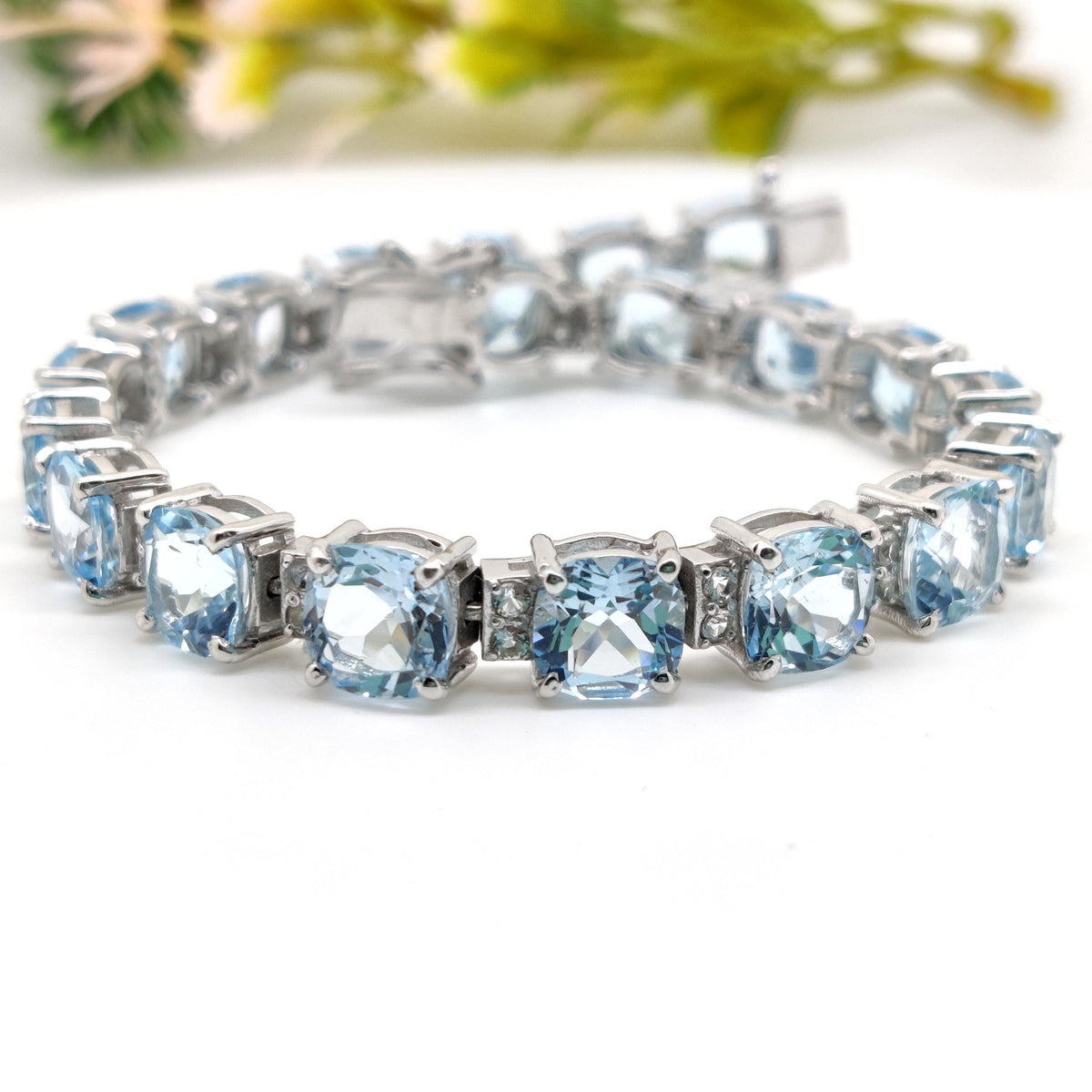 Natural Blue Topaz Cushion Cut Tennis Bracelet, Sterling Silver, December Birthstone