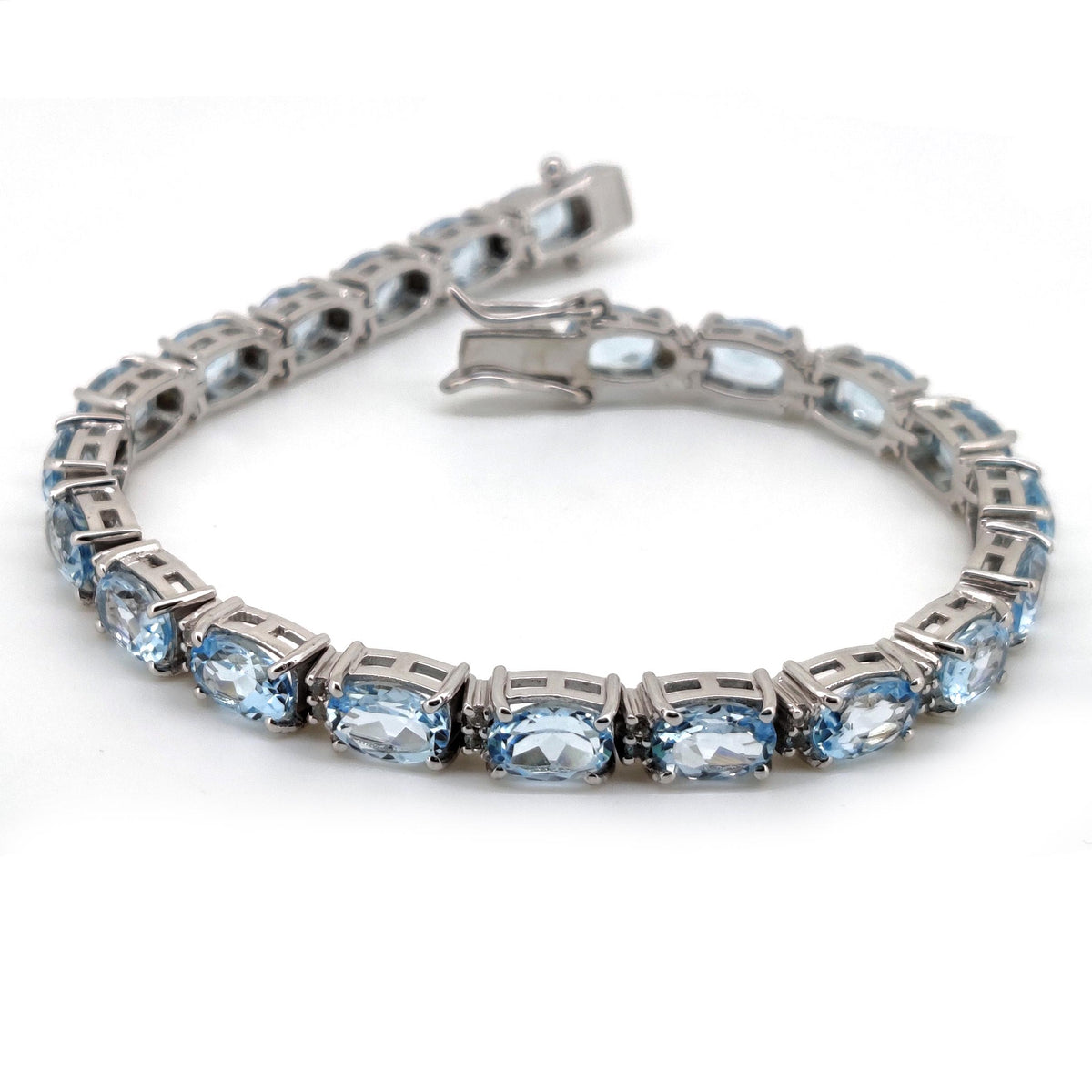 Oval Swiss Blue Topaz Tennis Bracelet, Sterling Silver, December Birthstone, Dainty Gift