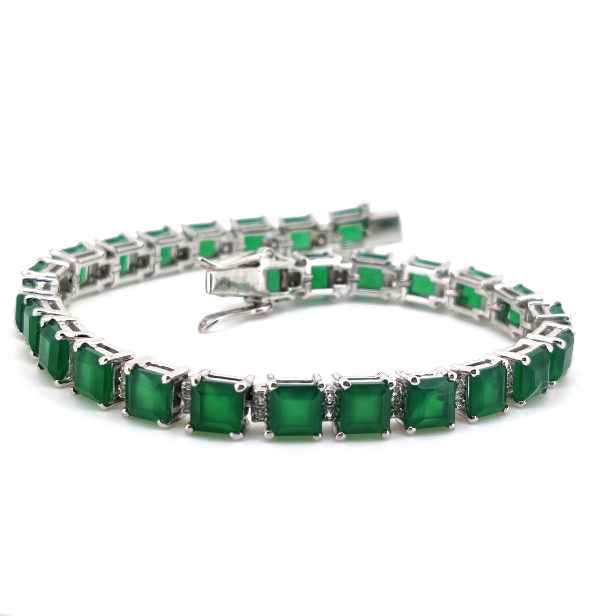Sterling Silver Green Onyx Square Tennis Bracelet, May Birthstone, Handmade Jewelry