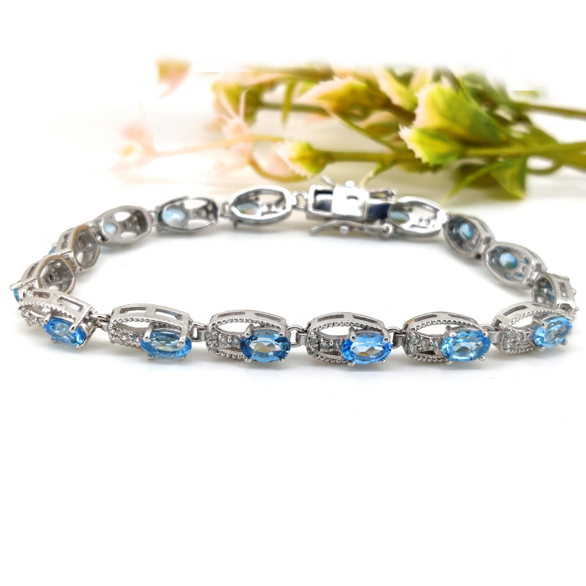 Natural Swiss Blue Topaz Tennis Bracelet, 925 Sterling Silver, December Birthstone