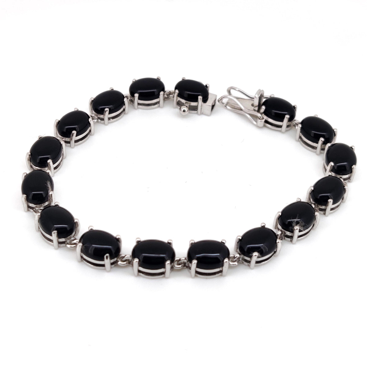 Natural Black Onyx Oval Cabochon Tennis Bracelet, 925 Sterling Silver, Minimalist Stacking Jewelry